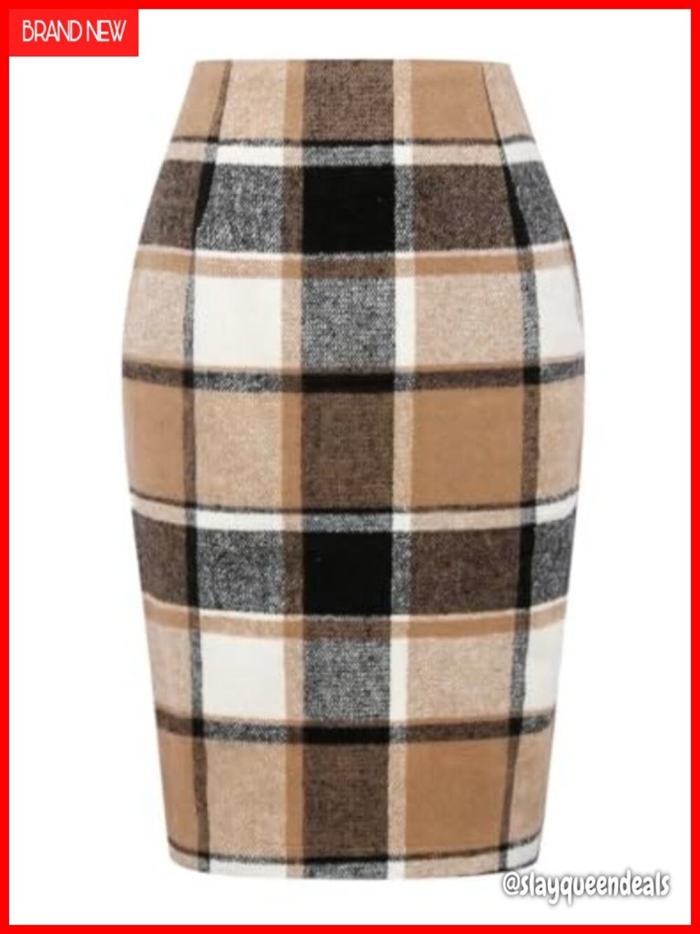 Women's Plaid Wool Pencil Skirt Knee Length High Waist Back Slit Business Casual